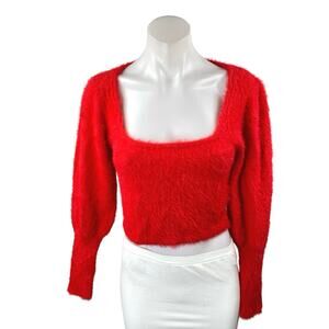 Zara Women's Red Fuzzy Faux Fur Square Neck Long Puff Sleeve Crop Sweater Top S